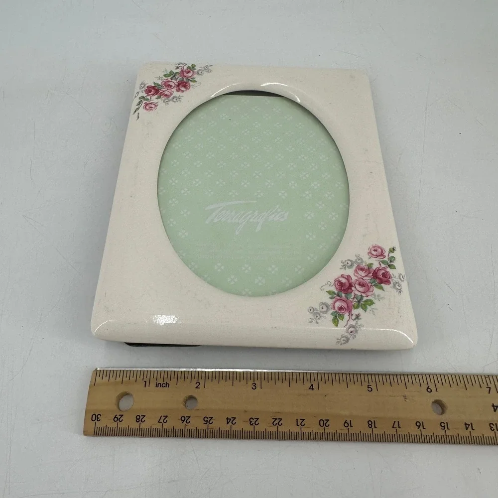 Terragrafics 1984 Vintage Ceramic Pink Rose Floral Oval Picture Frame Cream 5x7